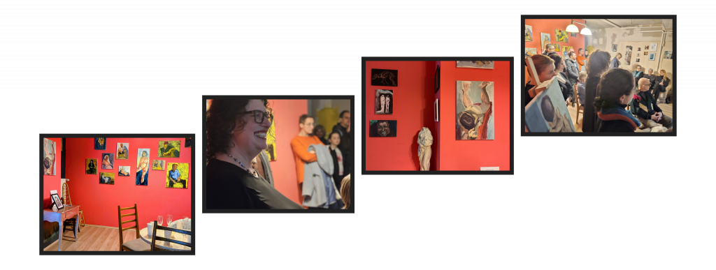 Mehrere Fotos von der Vernissage (Ina lacht, zwei Wände der Expo, Gäste hören Konzert)