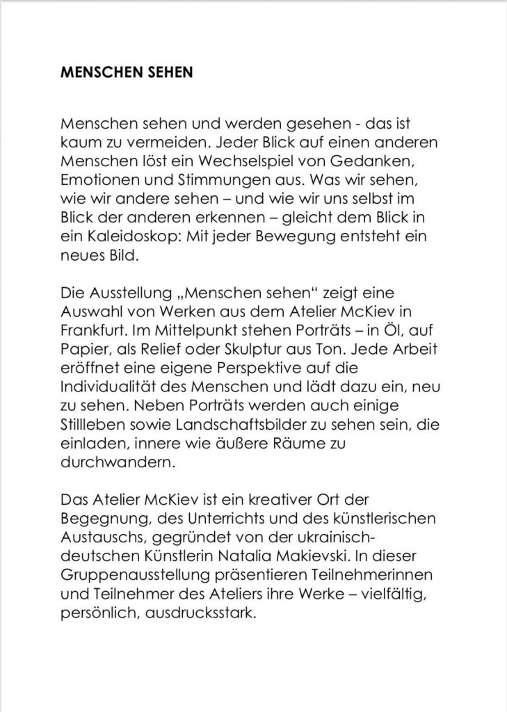 MENSCHEN SEHEN, Ausstellung, Gemälde, Zeichnungen, Skulpturen, Einladungstext